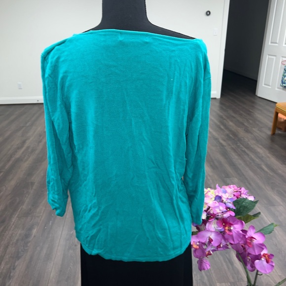 Women’s sweater size L, 3/4 sleeves, turquoise blue green cowl neck spring top - Picture 3 of 5